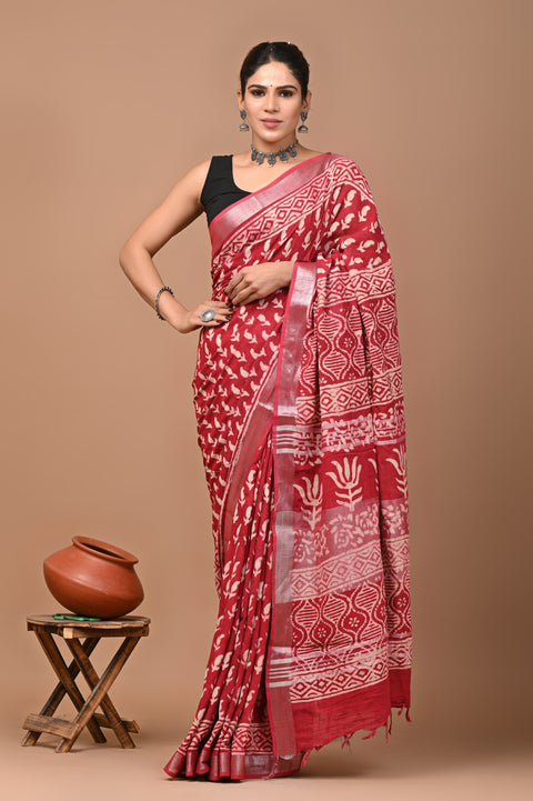 Traditional Bagru Handblock Print Linen Sarees