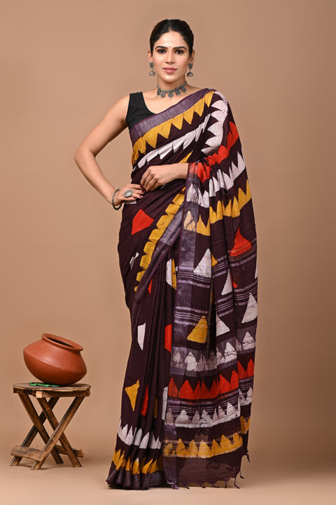 Traditional Bagru Handblock Print Linen Sarees