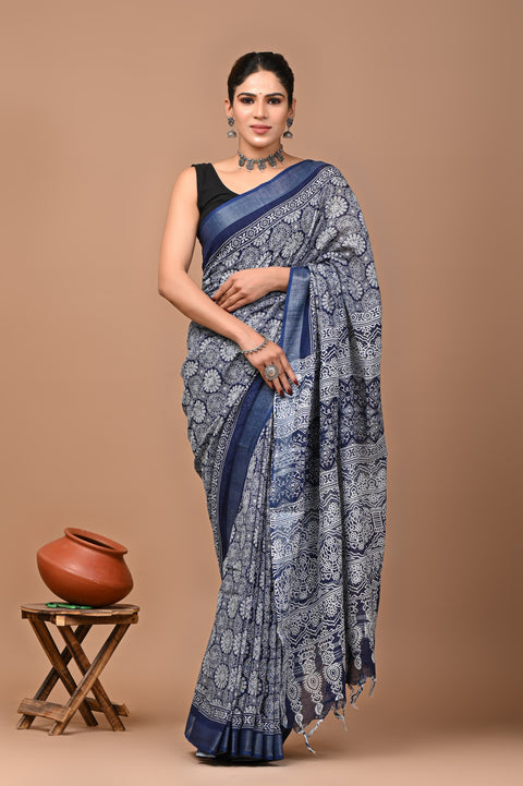 Traditional Bagru Handblock Print Linen Sarees