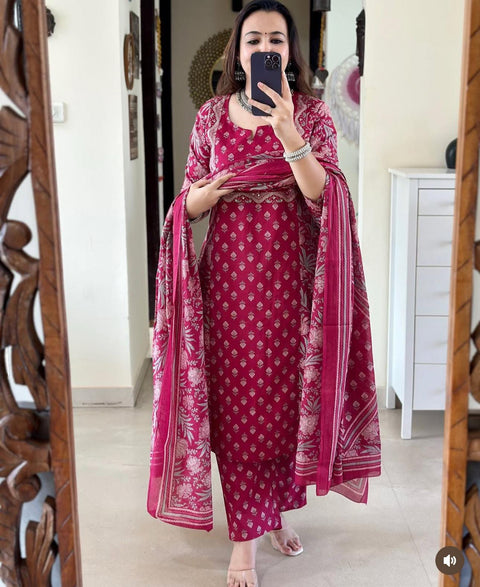 Designer Heavy Embroidered Kurti With Pant & Dupatta Set