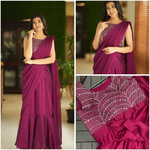 Wine Pre-Stitched Saree Suit With Sequin Embroidered Blouse