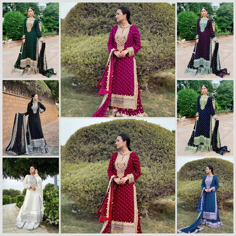 Luxury party wear with heavy embroidery and fully sticked gown suit and dupatta