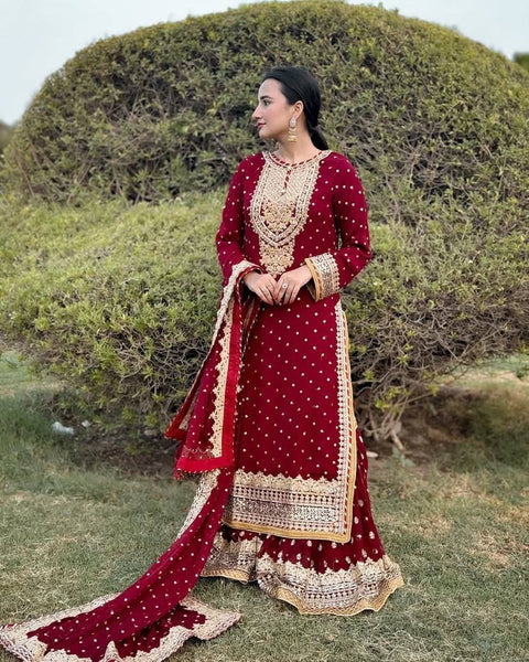 Luxury party wear with heavy embroidery and fully sticked gown suit and dupatta