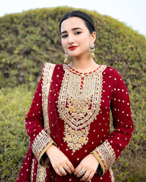 Luxury party wear with heavy embroidery and fully sticked gown suit and dupatta