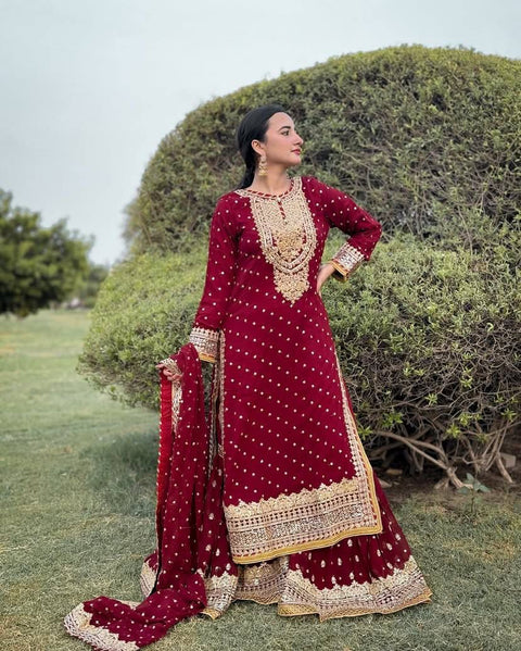 Luxury party wear with heavy embroidery and fully sticked gown suit and dupatta