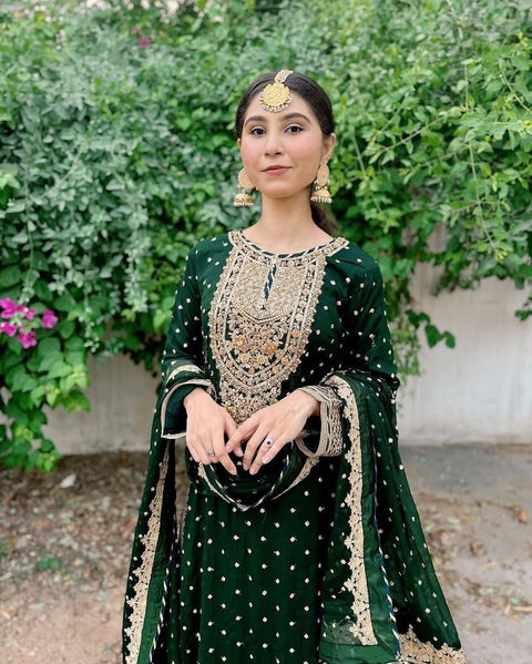 Luxury party wear with heavy embroidery and fully sticked gown suit and dupatta