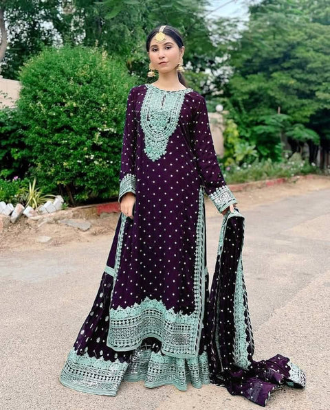 Luxury party wear with heavy embroidery and fully sticked gown suit and dupatta