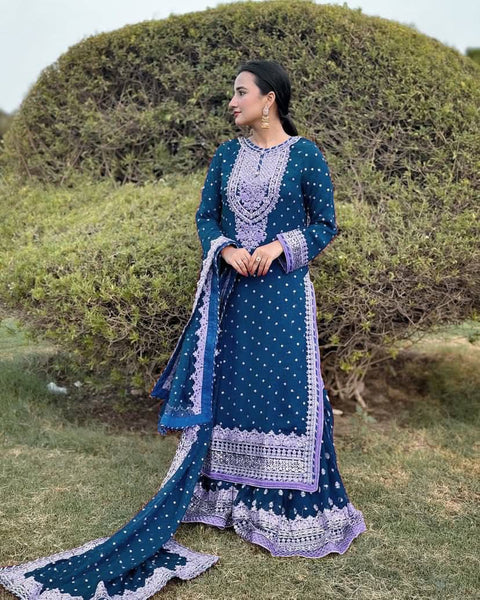 Luxury party wear with heavy embroidery and fully sticked gown suit and dupatta