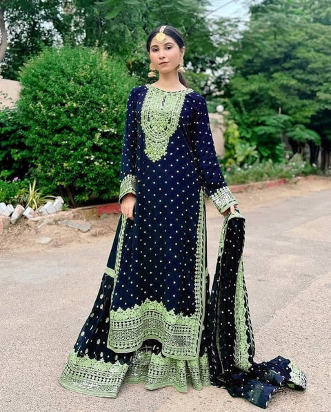 Luxury party wear with heavy embroidery and fully sticked gown suit and dupatta