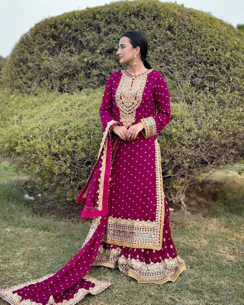 Luxury party wear with heavy embroidery and fully sticked gown suit and dupatta