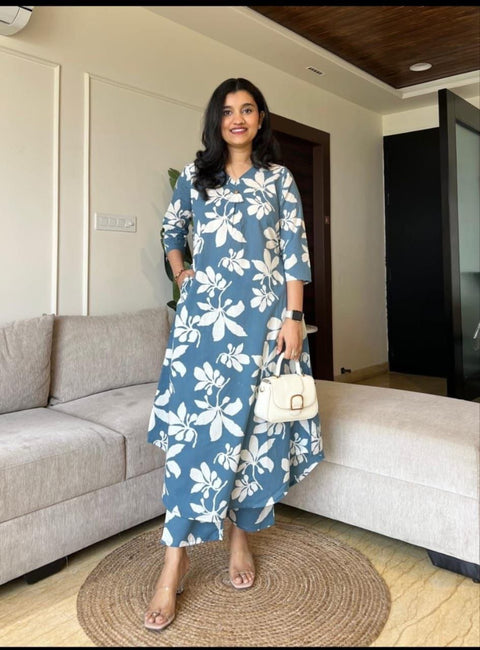 Floral Printed Sanganeri Pure Cotton Tunic With Trousers