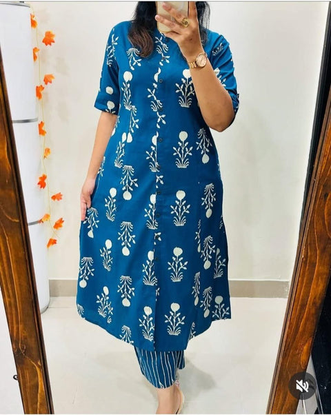 Floral Printed Sanganeri Pure Cotton Tunic With Trousers