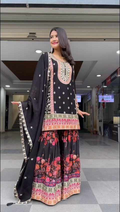 New Embroidered Heavy Chinon Silk Kurti With palazzo And Dupatta