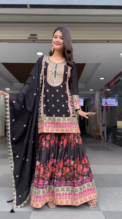 New Embroidered Heavy Chinon Silk Kurti With palazzo And Dupatta