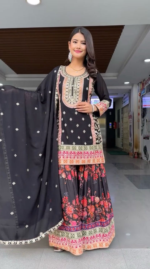 New Embroidered Heavy Chinon Silk Kurti With palazzo And Dupatta