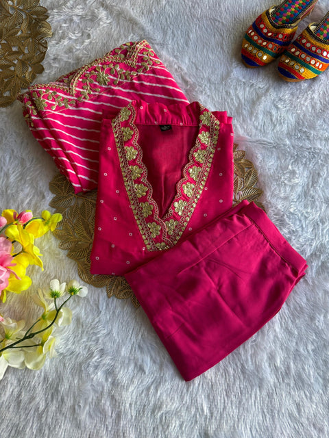 Viscose Zari Embroidery Work & Foil Printed Kurti Pant Dupatta