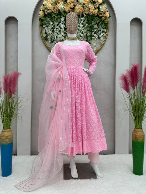 Anarkali Style Light Pink Chikan Work Gown