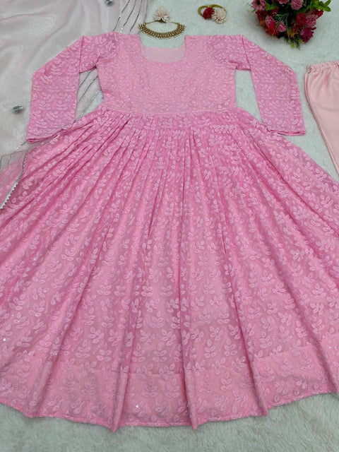 Anarkali Style Light Pink Chikan Work Gown