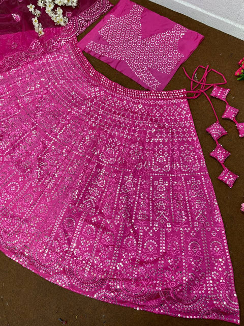 Sequins Embroidered Art Silk Wedding Wear Lehenga Choli In Lavender Colour