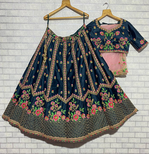Blue Color Satin Silk Embroidery Designer Lehenga Choli