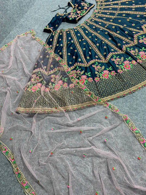 Blue Color Satin Silk Embroidery Designer Lehenga Choli