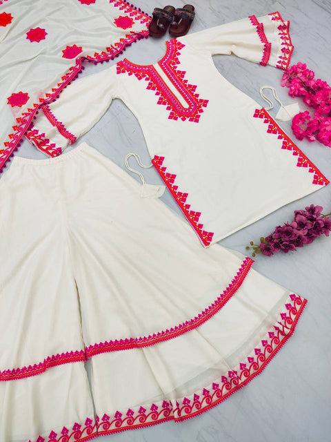 White And Pink Georgette Micro Cotton Top With Lehenga