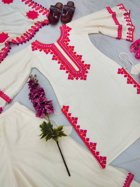White And Pink Georgette Micro Cotton Top With Lehenga