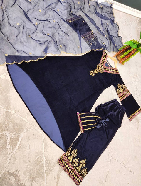 Navy Blue Color Embroidery Work Velvet Palazzo Suit
