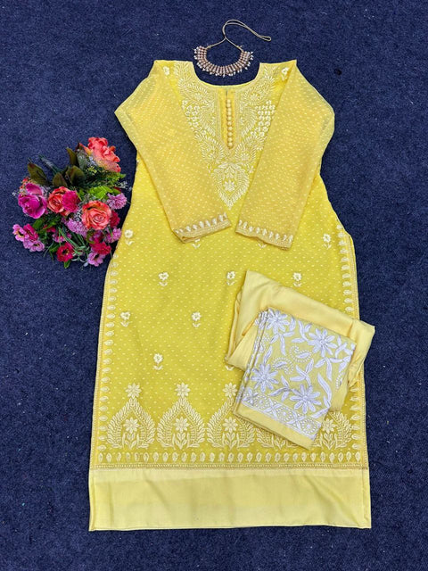 Light Yellow Cotton Chikankari Hand Work Kurti Pant Sets