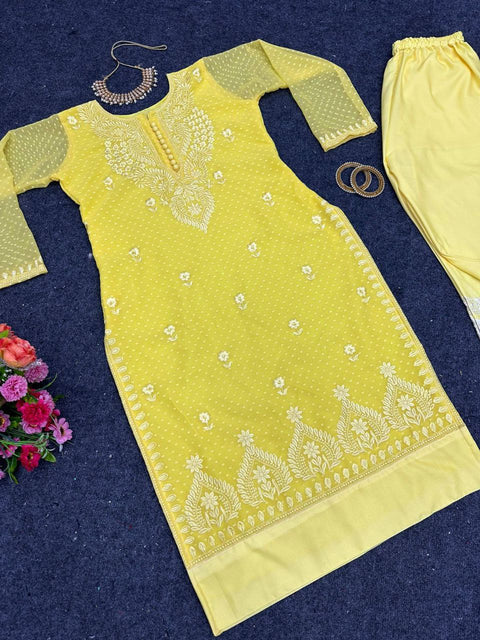 Light Yellow Cotton Chikankari Hand Work Kurti Pant Sets