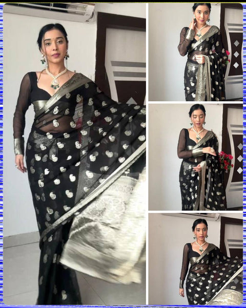Black Soft Linen Ready to Wear Saree With Zari Weaving Work and Blouse