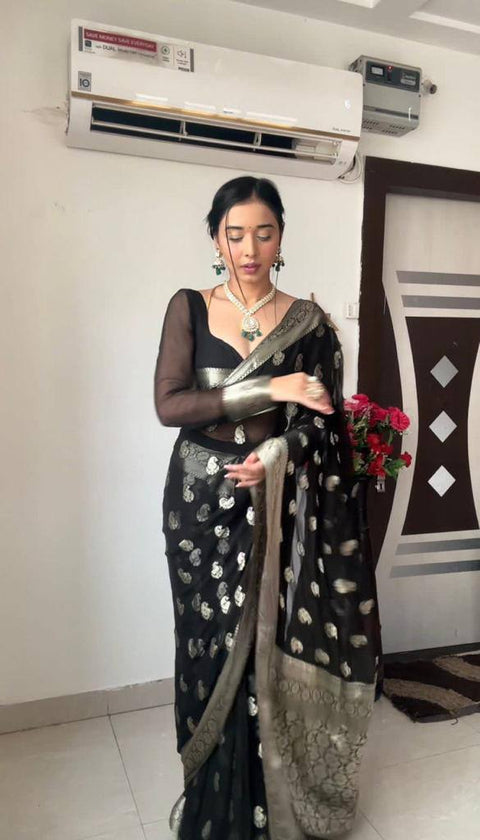 Black Soft Linen Ready to Wear Saree With Zari Weaving Work and Blouse
