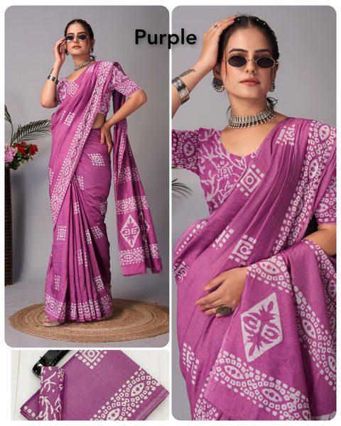 Pure Chanderi Soft Cotton Hand Block Batik Printed Saree with Blouse Piece