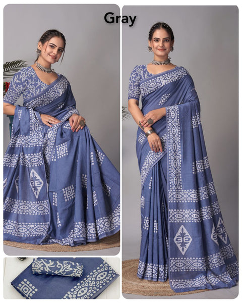 Pure Chanderi Soft Cotton Hand Block Batik Printed Saree with Blouse Piece