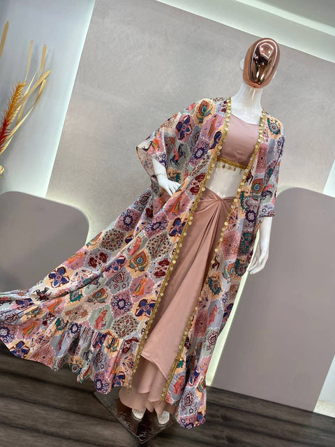 Dusty Pink Silk Indowestern Dhoti Suit With Printed Shrug
