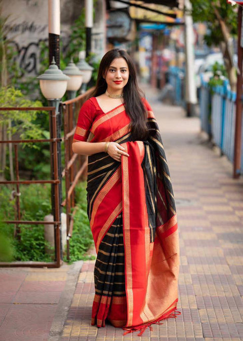 Black Color New Collection Soft Banarasi Silk Saree with Golden Zari Work