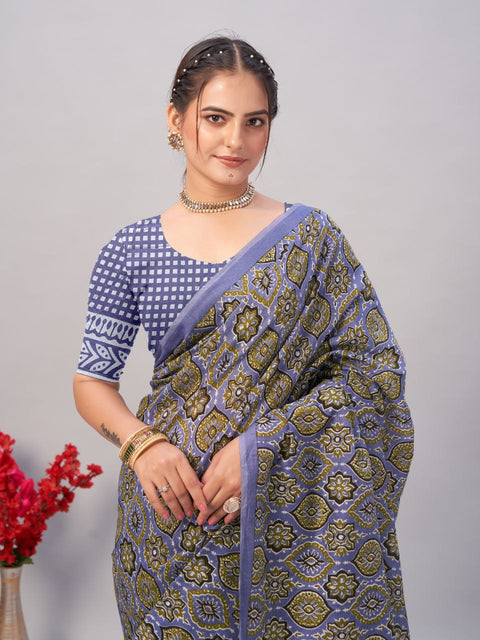 Soft Cotton Handicraft Ajrakh Print Saree with Blouse Piece