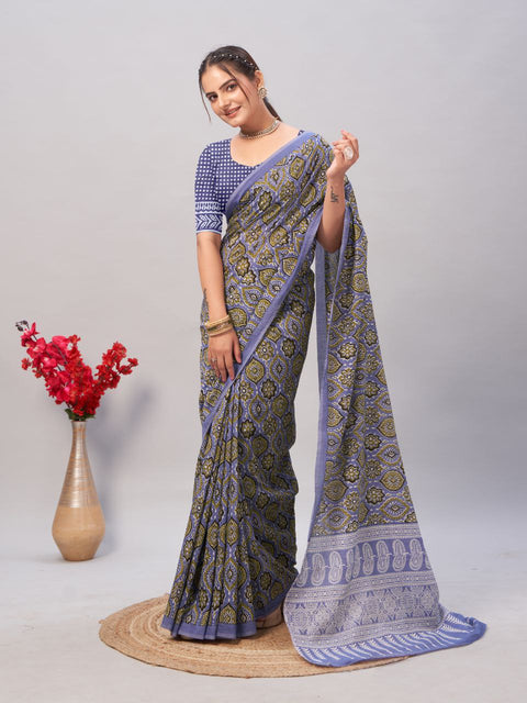 Soft Cotton Handicraft Ajrakh Print Saree with Blouse Piece