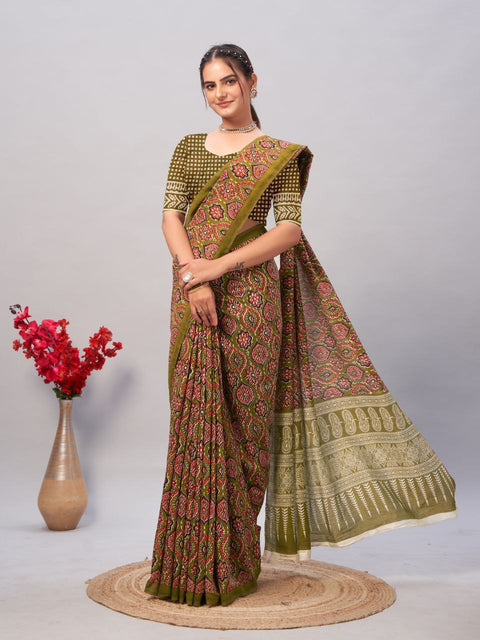 Soft Cotton Handicraft Ajrakh Print Saree with Blouse Piece