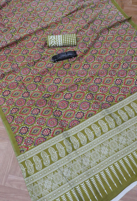 Soft Cotton Handicraft Ajrakh Print Saree with Blouse Piece