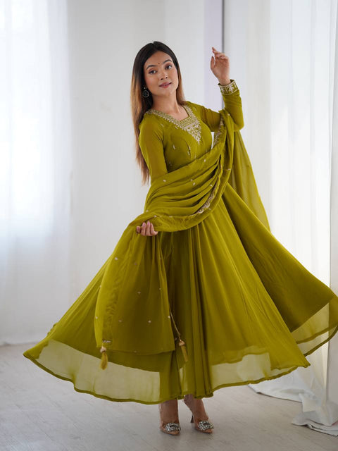 HEAVY PURE SOFT FOX GEORGETTE FANCY EMBROIDERY BEADS AND JARI WORK
