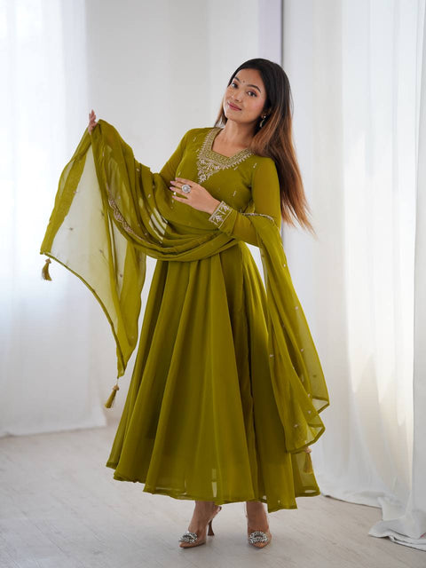 HEAVY PURE SOFT FOX GEORGETTE FANCY EMBROIDERY BEADS AND JARI WORK