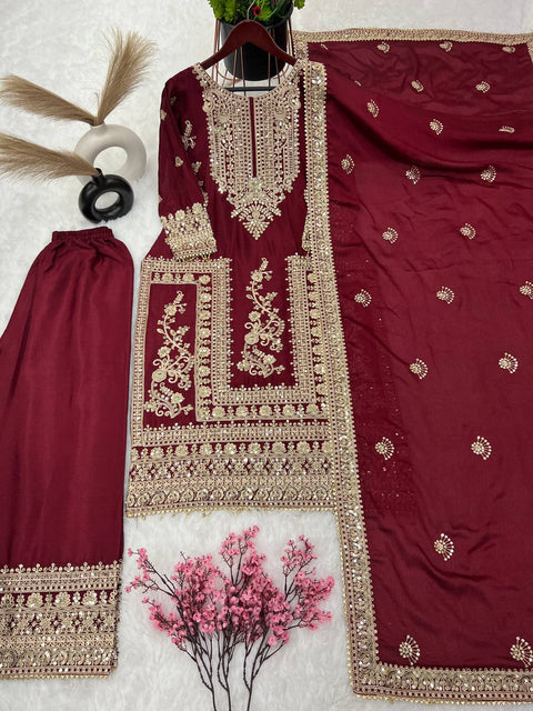 Designer Chinnon Silk Embroidery Coding Dori Salwar Suit