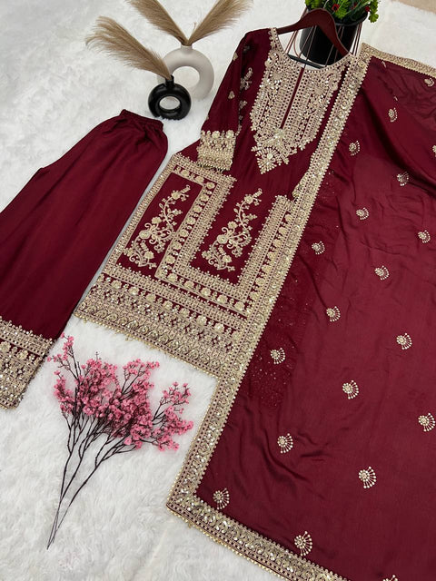 Designer Chinnon Silk Embroidery Coding Dori Salwar Suit