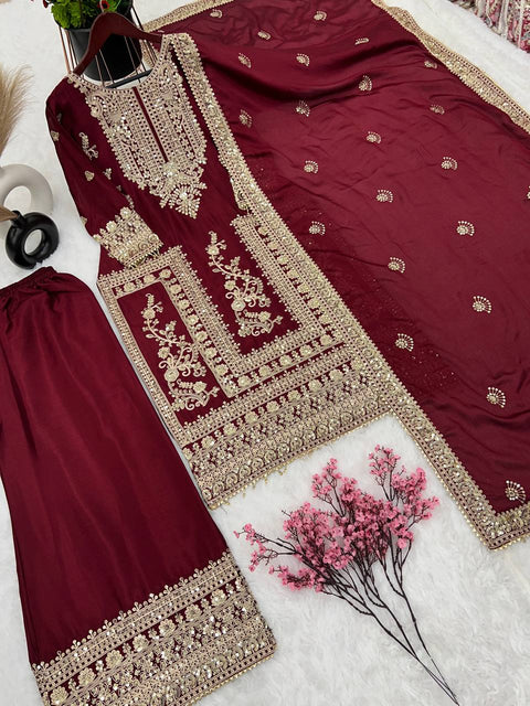 Designer Chinnon Silk Embroidery Coding Dori Salwar Suit