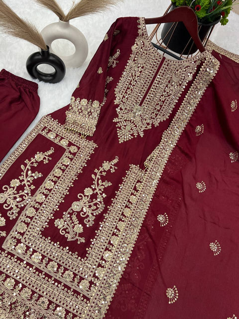 Designer Chinnon Silk Embroidery Coding Dori Salwar Suit