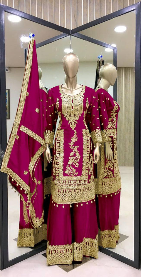 Designer Chinnon Silk Embroidery Coding Dori Salwar Suit