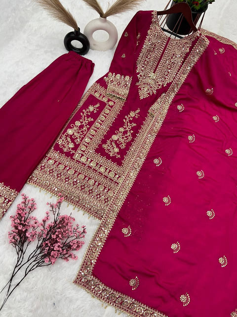 Designer Chinnon Silk Embroidery Coding Dori Salwar Suit