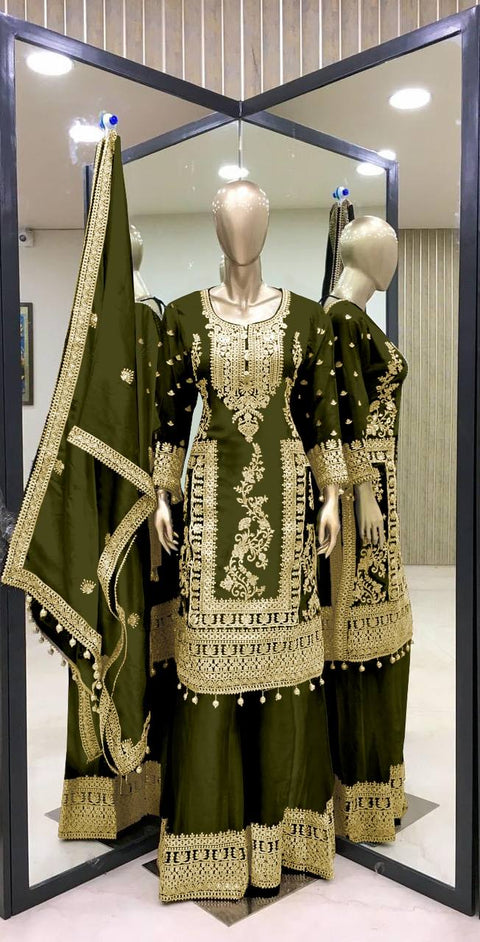 Designer Chinnon Silk Embroidery Coding Dori Salwar Suit