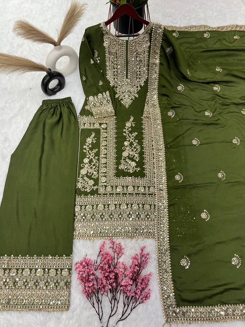 Designer Chinnon Silk Embroidery Coding Dori Salwar Suit